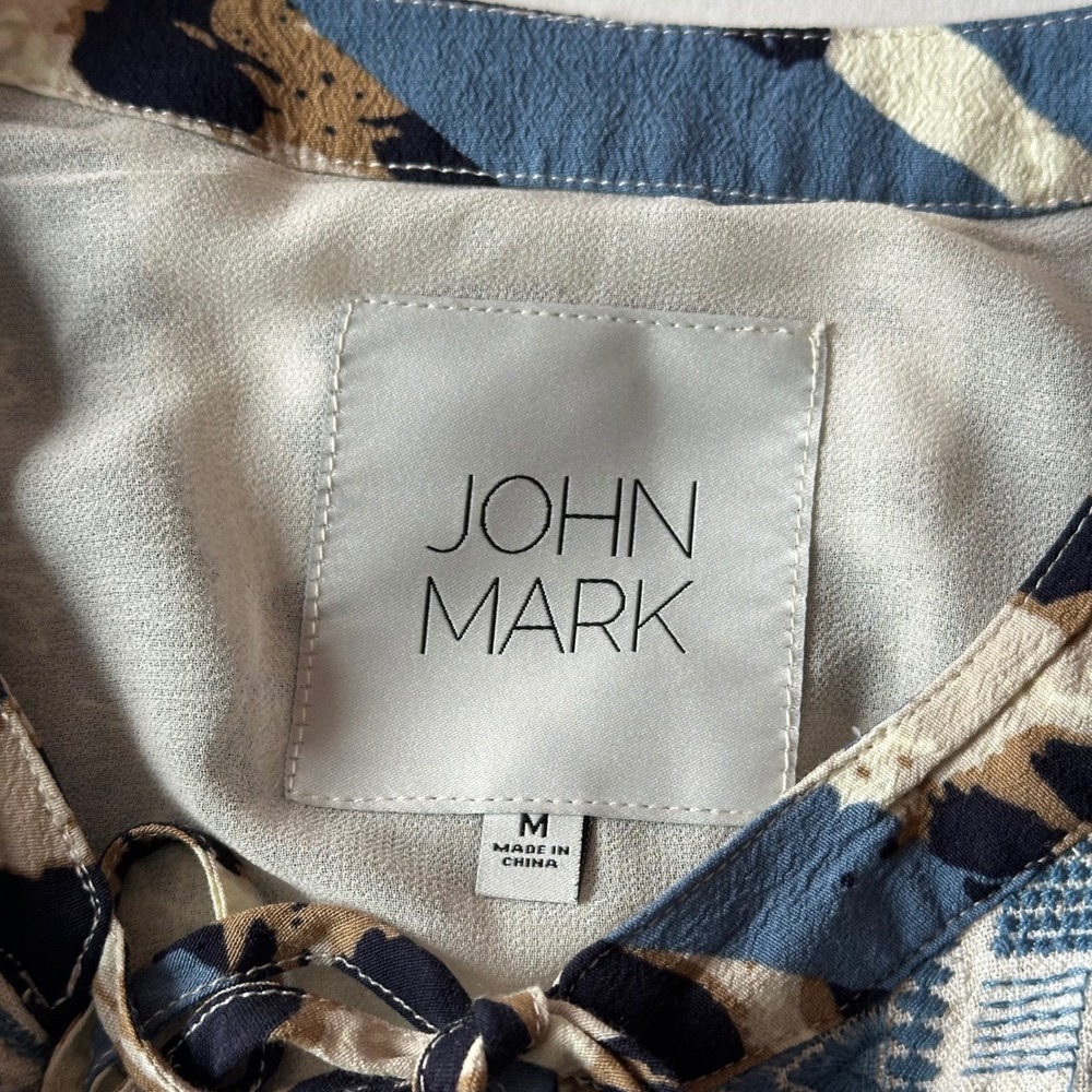John Mark Leopard Print Embroidered Patchwork Blouse Blue Tan Medium - Picture 3 of 7